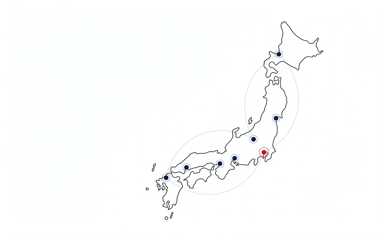 Line-art illustration of a map of Japan, with several navy dots marking deployment cities and Tokyo marked in red