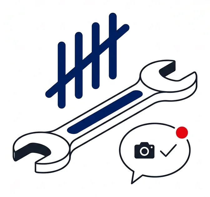 After-sales service illustration with a wrench, a four-year dial and a photo-based service-request speech bubble