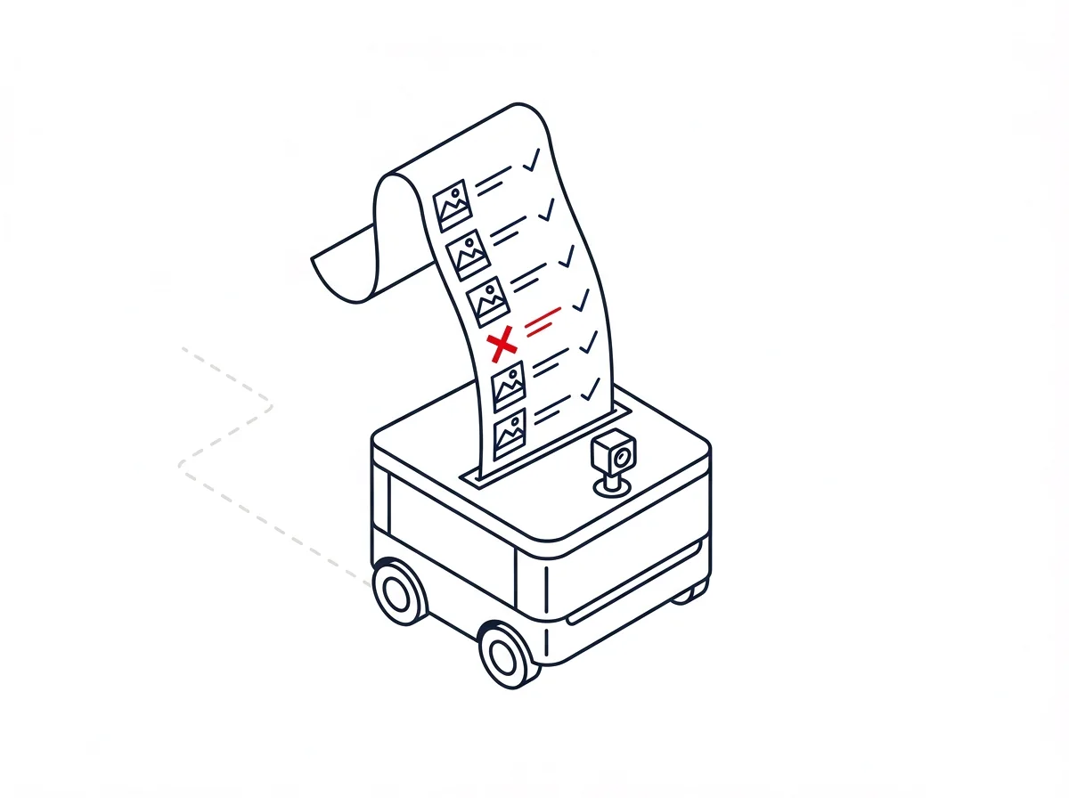 Illustration of an inspection report printing from the top of a robot, items ticked off one by one with one marked red NG